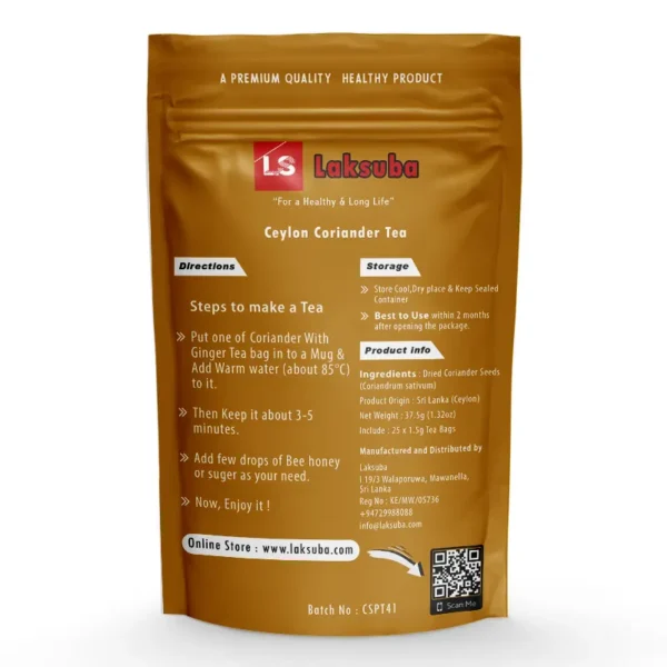 This photo shows the back side of the Coriander Tea product packaging. The packaging contains detailed instructions on how to make the tea using coriander seeds, which are derived from the coriander plant (scientific name: Coriandrum sativum).