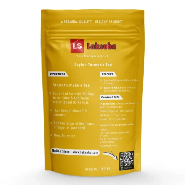 This photo showcases the back side instructions of our Turmeric Tea product. Turmeric, scientifically known as Curcuma Longa, is the main ingredient in this delightful tea. Our Turmeric Tea is crafted with care to bring you the numerous health benefits associated with turmeric.
