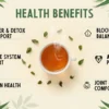 Heen Bovitiya herbal tea health benefits infographic showing liver detox support, antioxidants, blood sugar balance, immune boost, digestive comfort, skin health, joint relief from Osbeckia Octandra Sri Lanka