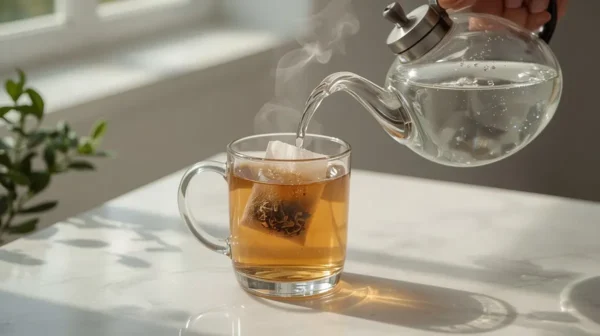 Step by step Heen Bovitiya herbal tea brewing process glass mug hot water steeping instructions