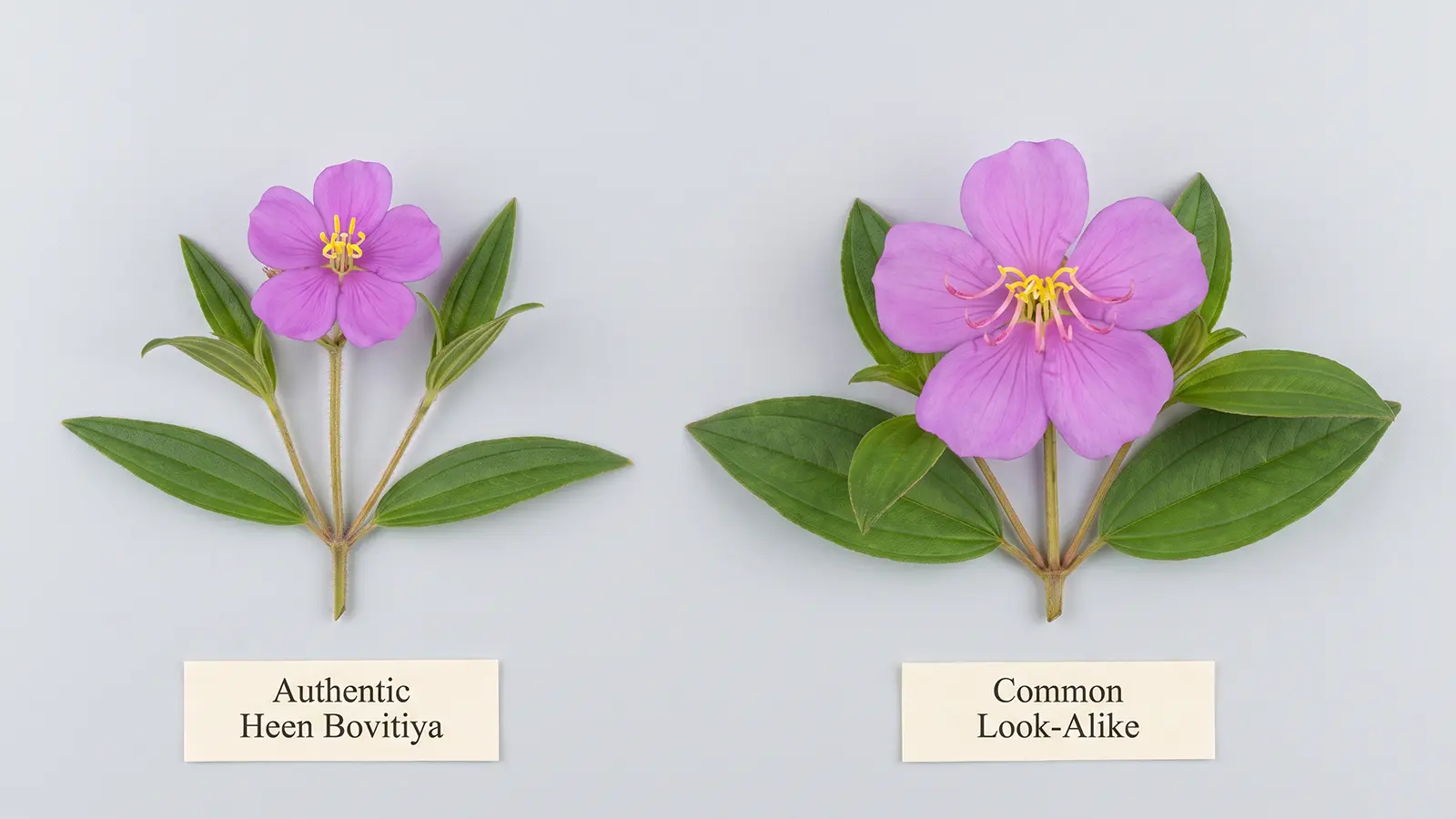 Side-by-side comparison of an authentic Heen Bovitiya flower and a larger common look-alike species