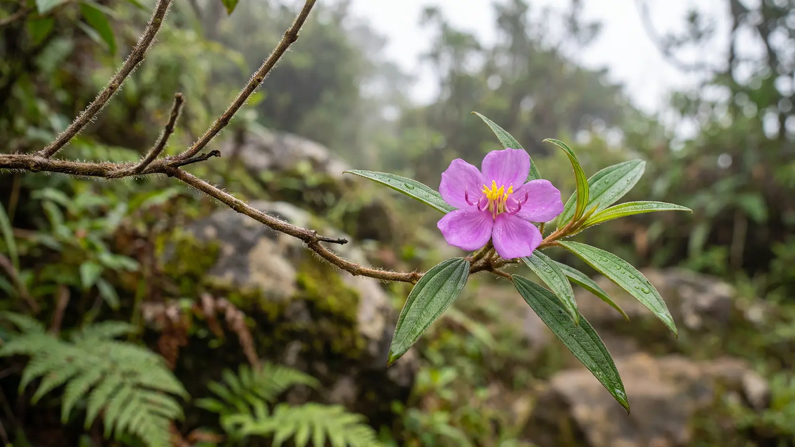 Heen Bovitiya (Osbeckia octandra) flowering branch with purple-pink petals, yellow stamens, and three-veined leaves