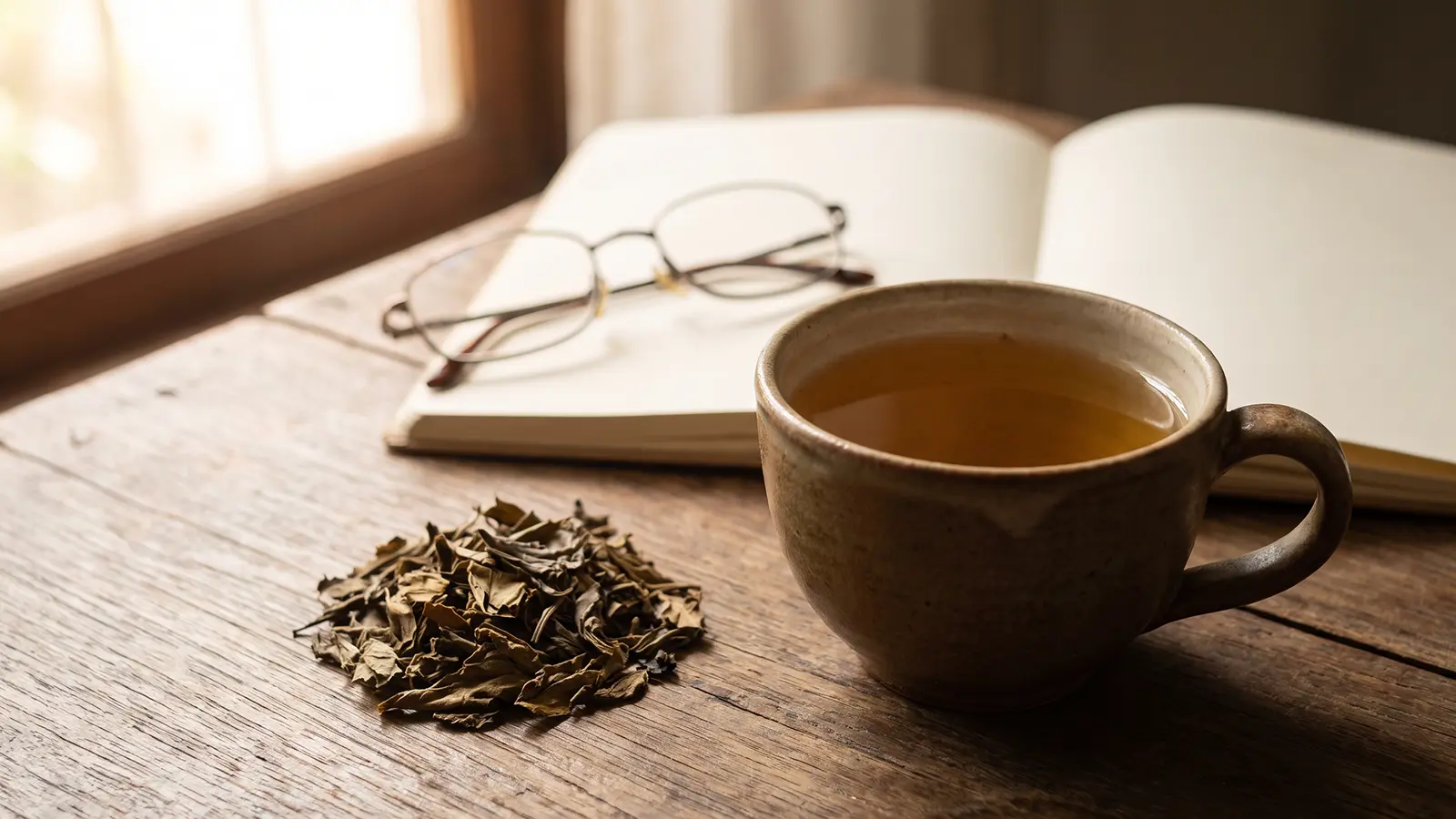 Cup of Heen Bovitiya tea beside dried leaves and reading glasses on an open notebook