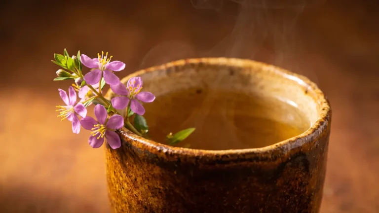 Heen Bovitiya tea benefits: a close-up cup of brewed tea with a fresh purple flower sprig on the rim