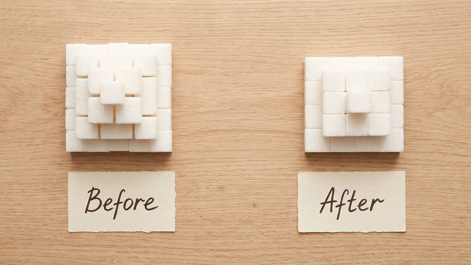 Comparison of sugar cube stacks labeled Before and After, showing Heen Bovitiya tea's blood sugar benefit
