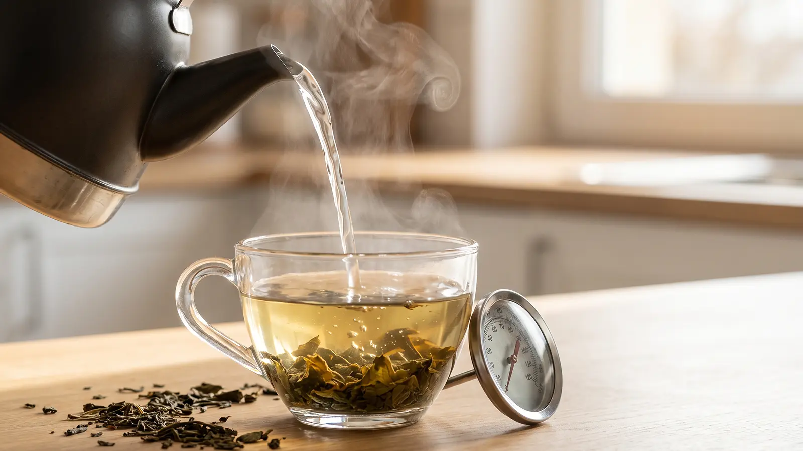 Hot water pouring into a glass cup of Heen Bovitiya tea leaves, with a kitchen thermometer nearby