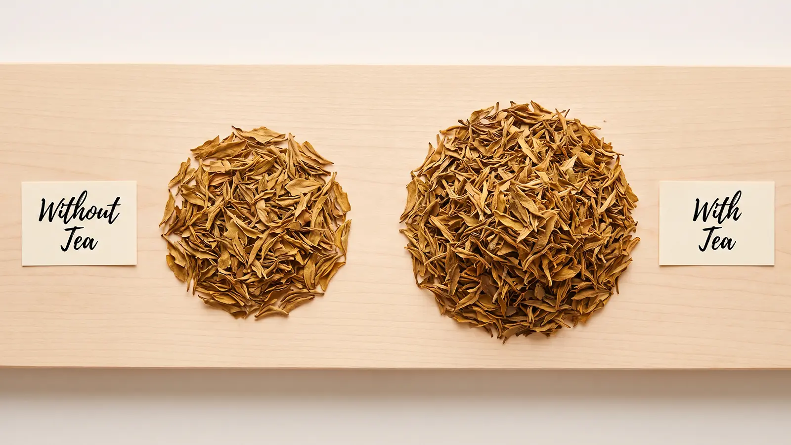 Comparison of dried tea leaf piles labeled Without Tea and With Tea, showing Heen Bovitiya's liver benefit