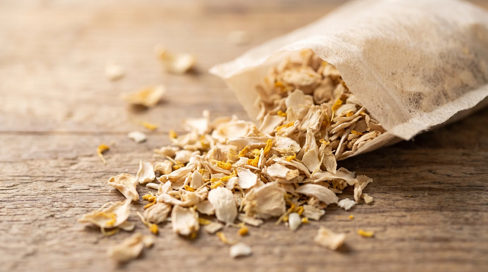 Dried Belimal Bael flower tea bag contents close-up Aegle marmelos herbal tea Sri Lanka