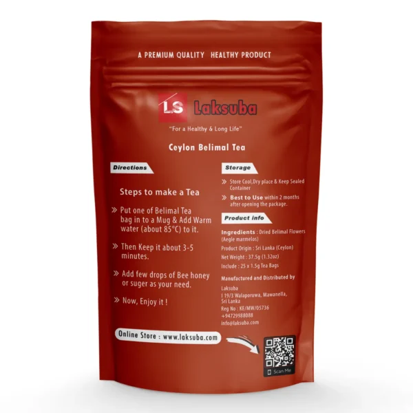 Belimal Bael Flower Tea — Package Back & Brewing Instructions Laksuba Belimal Bael Tea package back label brewing instructions and ingredients Sri Lanka