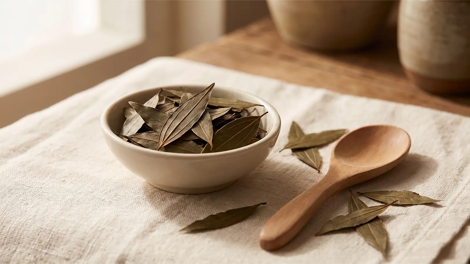 Small bowl of dried Heen Bovitiya leaves beside a wooden spoon, a measured daily serving