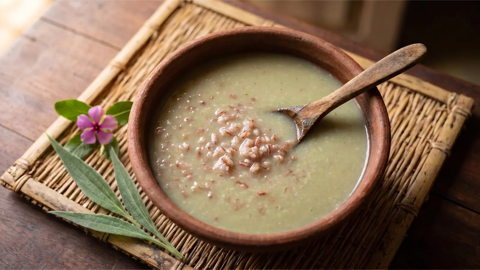 Bowl of Kola Kenda, traditional Sri Lankan herbal porridge, with a Heen Bovitiya flower and leaf