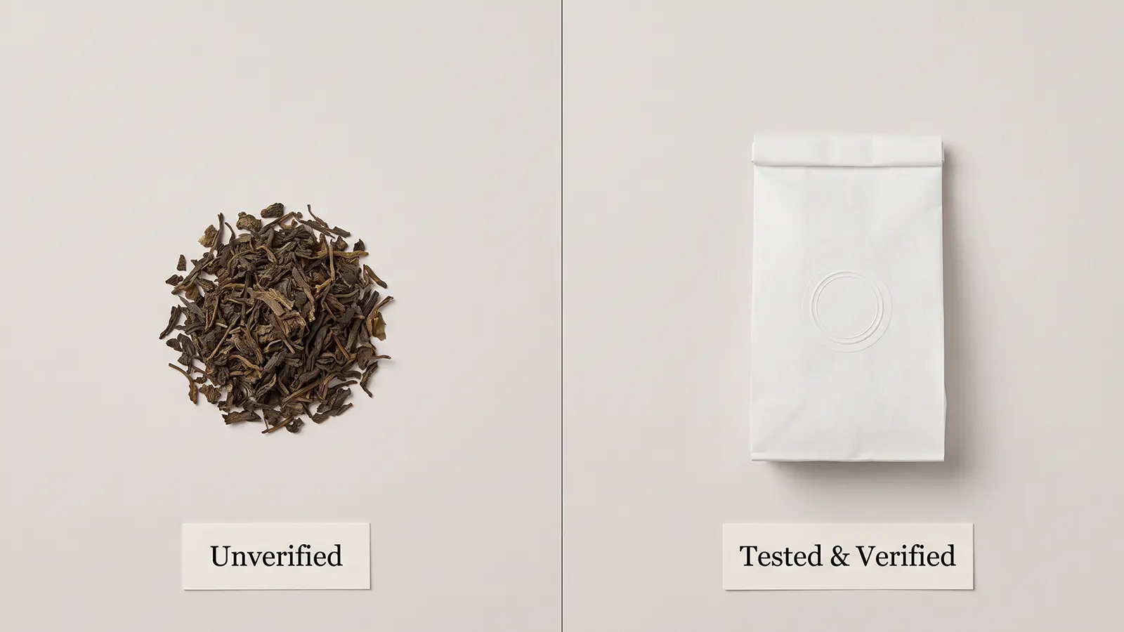 Comparison of loose unverified dried leaf beside a sealed, tested Heen Bovitiya product pouch